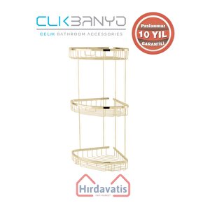 Paslanmaz Pirinç Zerrin Üçlü 18x18cm Sabunluk Şampuanlık Ve Köşe Süngerlik Altın Sarı Gold
