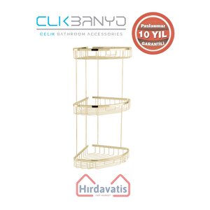 Paslanmaz Pirinç Zerrin Üçlü 18x18cm Sabunluk Şampuanlık Ve Köşe Süngerlik Altın Sarı Gold