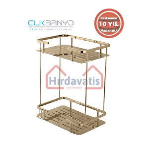 Paslanmaz Pirinç Altın Gold Lidya 2'li 15x22 Cm Şampuanlık Banyo Rafı