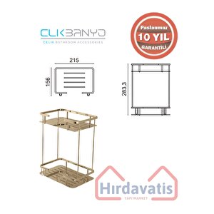 Paslanmaz Pirinç Altın Gold Lidya 2'li 15x22 Cm Şampuanlık Banyo Rafı