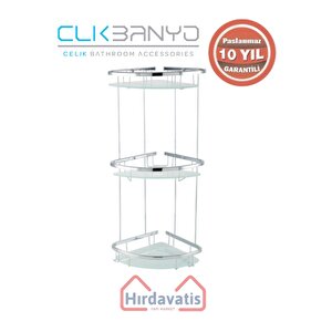 Paslanmaz Pirinç Karmina Camlı Oval Süngerlik Üçlü 22x22cm Sabunluk Şampuanlık Ve Köşe Süngerlik