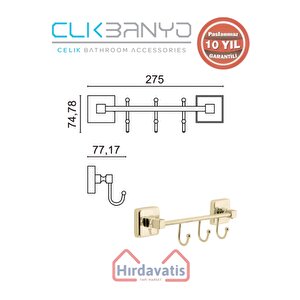 Paslanmaz Pirinç Kumru Kancalı 3’lü Askılık Altın Sarı Gold