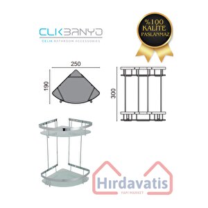 Paslanmaz Çelik Zerrin Camlı 2’li 19x19 Cm Şampuanlık Banyo Rafı Süngerlik