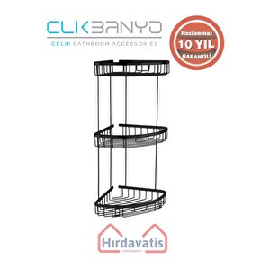 Paslanmaz Pirinç Zerrin Üçlü 18x18cm Sabunluk Şampuanlık Ve Köşe Süngerlik Mat Siyah