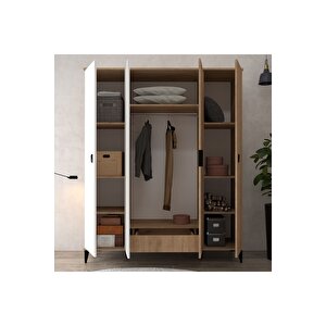 6403 Neva 4 Kapılı 200 Cm Gizli Çekmeceli Gardırop , Elbise Dolabı , Genç Odası Beyaz - Sepet Beyaz-Sepet