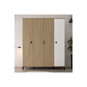 6404 Neva 4 Kapılı 200 Cm Gizli Çekmeceli Gardırop , Elbise Dolabı , Genç Odası Sepet - Beyaz Sepet-Beyaz