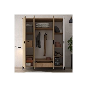 6404 Neva 4 Kapılı 200 Cm Gizli Çekmeceli Gardırop , Elbise Dolabı , Genç Odası Sepet - Beyaz Sepet-Beyaz
