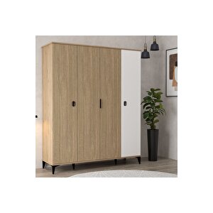 6404 Neva 4 Kapılı 200 Cm Gizli Çekmeceli Gardırop , Elbise Dolabı , Genç Odası Sepet - Beyaz