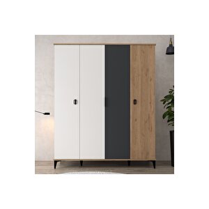 6402 Neva 4 Kapılı 200 Cm Gizli Çekmeceli Gardırop , Elbise Dolabı , Genç Odası Antrasit - Beyaz Antrasit-Beyaz-Sepet