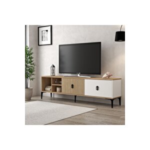 3806 Era Tv Ünitesi 180 Cm 2 Kapaklı Raflı Sepet - Beyaz - Yunus Tv Sehpası Beyaz-Yunus-Sepet Çok Renkli