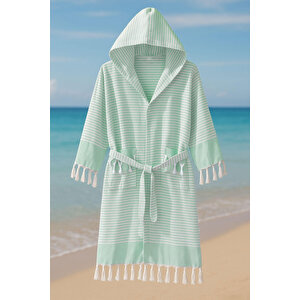 Kapşonlu Unisex Peştemal Plaj Bornozu %100 Pamuklu Seaside Stripe S-yeşil S