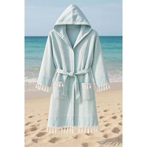 Kapşonlu Unisex Peştemal Plaj Bornozu %100 Pamuklu Seaside Stripe S-yeşil S