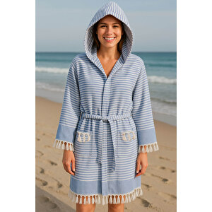 Kapşonlu Unisex Peştemal Plaj Bornozu %100 Pamuklu Seaside Stripe Xxl-mavi XXL