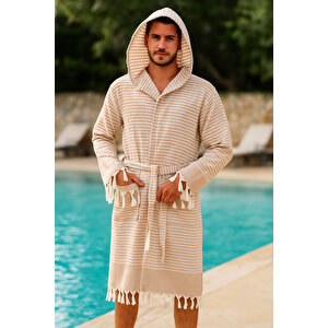 Kapşonlu Unisex Peştemal Plaj Bornozu %100 Pamuklu Seaside Stripe L-kahverengi L