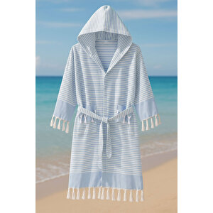Kapşonlu Unisex Peştemal Plaj Bornozu %100 Pamuklu Seaside Stripe L-mavi L