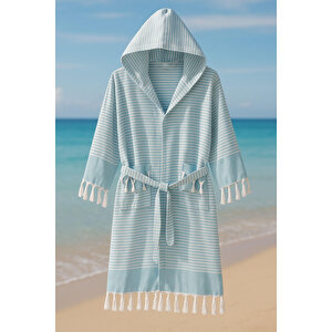 Kapşonlu Unisex Peştemal Plaj Bornozu %100 Pamuklu Seaside Stripe S-turkuaz S