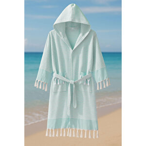 Kapşonlu Unisex Peştemal Plaj Bornozu %100 Pamuklu Seaside Stripe S-turkuaz S
