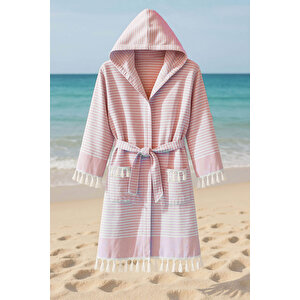 Kapşonlu Unisex Peştemal Plaj Bornozu %100 Pamuklu Seaside Stripe Xl-bordo L/XL