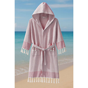 Kapşonlu Unisex Peştemal Plaj Bornozu %100 Pamuklu Seaside Stripe Xl-bordo L/XL