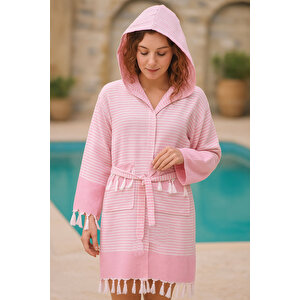 Kapşonlu Unisex Peştemal Plaj Bornozu %100 Pamuklu Seaside Stripe S-pembe S
