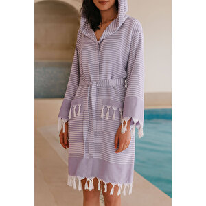 Kapşonlu Unisex Peştemal Plaj Bornozu %100 Pamuklu Seaside Stripe S-lila S