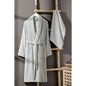 Mira Home Soft Elegance Banyo Tek Kişilik Bornoz Takımı %100 Pamuklu Açık Gri-l-xl