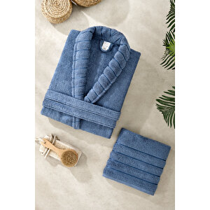 Mira Home Soft Elegance Banyo Tek Kişilik Bornoz Takımı %100 Pamuklu Mavi-l-xl