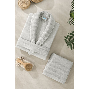 Mira Home Soft Elegance Banyo Tek Kişilik Bornoz Takımı %100 Pamuklu Açık Gri-s-m