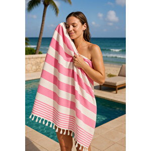 Çizgili Peştemal Plaj Havlusu %100 Pamuk Yıkanmış 100x180 Cm Marenza Pembe Pembe