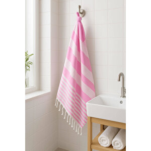 Çizgili Peştemal Plaj Havlusu %100 Pamuk Yıkanmış 100x180 Cm Marenza Pembe Pembe