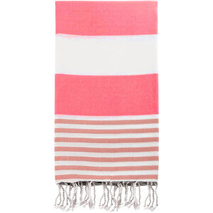 Çizgili Peştemal Plaj Havlusu %100 Pamuk Yıkanmış 100x180 Cm Marenza Pembe Pembe