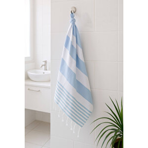 Çizgili Peştemal Plaj Havlusu %100 Pamuk Yıkanmış 100x180 Cm Marenza Mavi Mavi