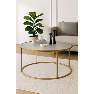 Berlin Nervürlü Camlı Gold 80cm - Metal Çerçeveli Cam Yuvarlak Orta Sehpa - Modern Ve Şık Tasarım