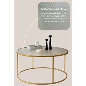 Berlin Nervürlü Camlı Gold 80cm - Metal Çerçeveli Cam Yuvarlak Orta Sehpa - Modern Ve Şık Tasarım