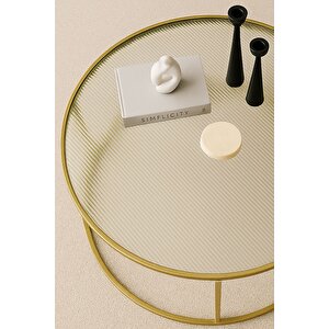 Berlin Nervürlü Camlı Gold 80cm - Metal Çerçeveli Cam Yuvarlak Orta Sehpa - Modern Ve Şık Tasarım