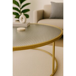 Berlin Nervürlü Camlı Gold 80cm - Metal Çerçeveli Cam Yuvarlak Orta Sehpa - Modern Ve Şık Tasarım