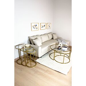 Belarus Orta Sehpa Gold 80cm & Alya Gold Zi̇gon Sehpa Şeffaf Cam