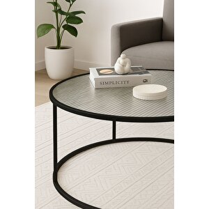 Berlin Nervürlü Camlı Siyah 80cm - Metal Çerçeveli Cam Yuvarlak Orta Sehpa - Modern Ve Şık Tasarım