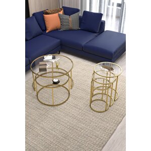 Belarus Orta Sehpa Gold 60cm & Alya Gold Zi̇gon Sehpa Şeffaf Cam