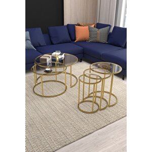 Belarus Orta Sehpa Gold 60cm & Alya Gold Zi̇gon Sehpa Şeffaf Cam