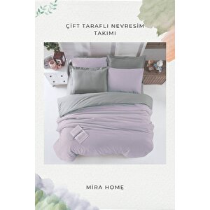 Çift Kişilik Nevresim Takımı Pamuklu Çift Taraflı Lastikli Çarşaflı Lila