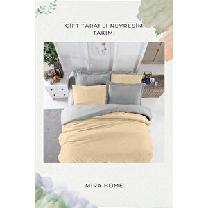 Çift Kişilik Nevresim Takımı Pamuklu Çift Taraflı Lastikli Çarşaflı Bej