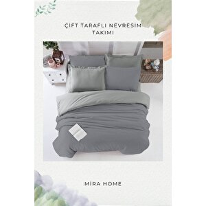 Çift Kişilik Nevresim Takımı Pamuklu Çift Taraflı Lastikli Çarşaflı Antrasit