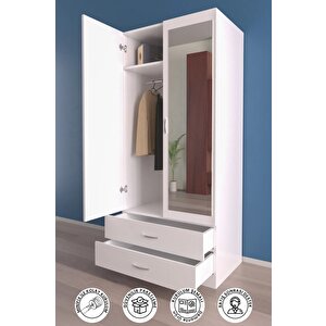 Aynalı 2 Kapaklı Gardırop 5 Raflı 2 Çekmeceli Askılı Elbise Dolabı - Beyaz Beyaz