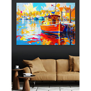 Renkli Liman Manzara Teknesi Dekoratif Kanvas - Mdf Ahşap Tablo 50x70 cm