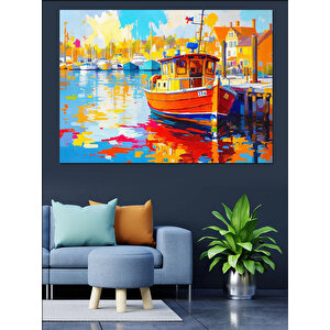 Renkli Liman Manzara Teknesi Dekoratif Kanvas - Mdf Ahşap Tablo 50x70 cm