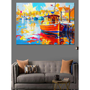 Renkli Liman Manzara Teknesi Dekoratif Kanvas - Mdf Ahşap Tablo 50x70 cm
