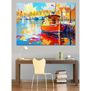 Renkli Liman Manzara Teknesi Dekoratif Kanvas - Mdf Ahşap Tablo
