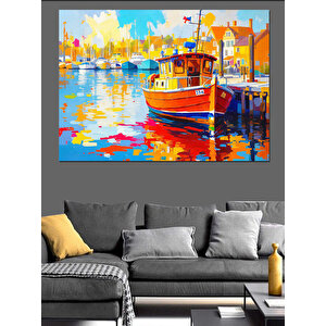Renkli Liman Manzara Teknesi Dekoratif Kanvas - Mdf Ahşap Tablo