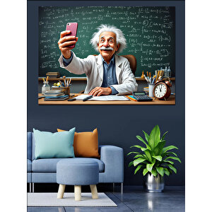 Selfie Çeken Karikatür Einstein Dekoratif Kanvas - Mdf Ahşap Tablo 35x50 cm